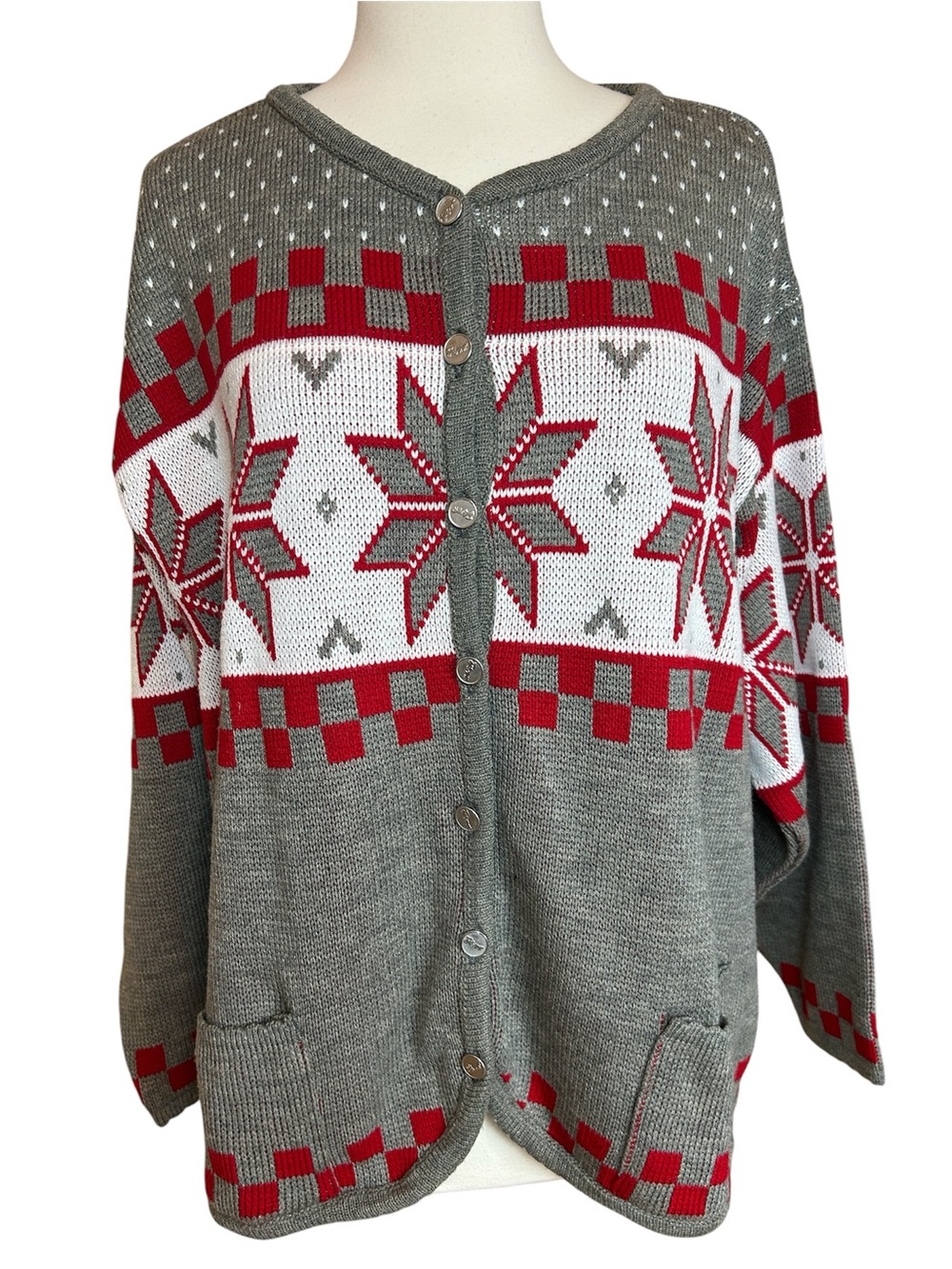 Tally Ho Vintage Fair Isle Nordic Snowflake Button Front Holiday Cardigan sz 2X